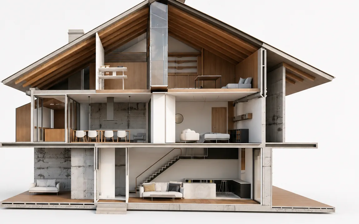 Detailblick in die Wohnebenen des Schnittmodells mit Treppe als Bild für den Sanierungsfahrplan