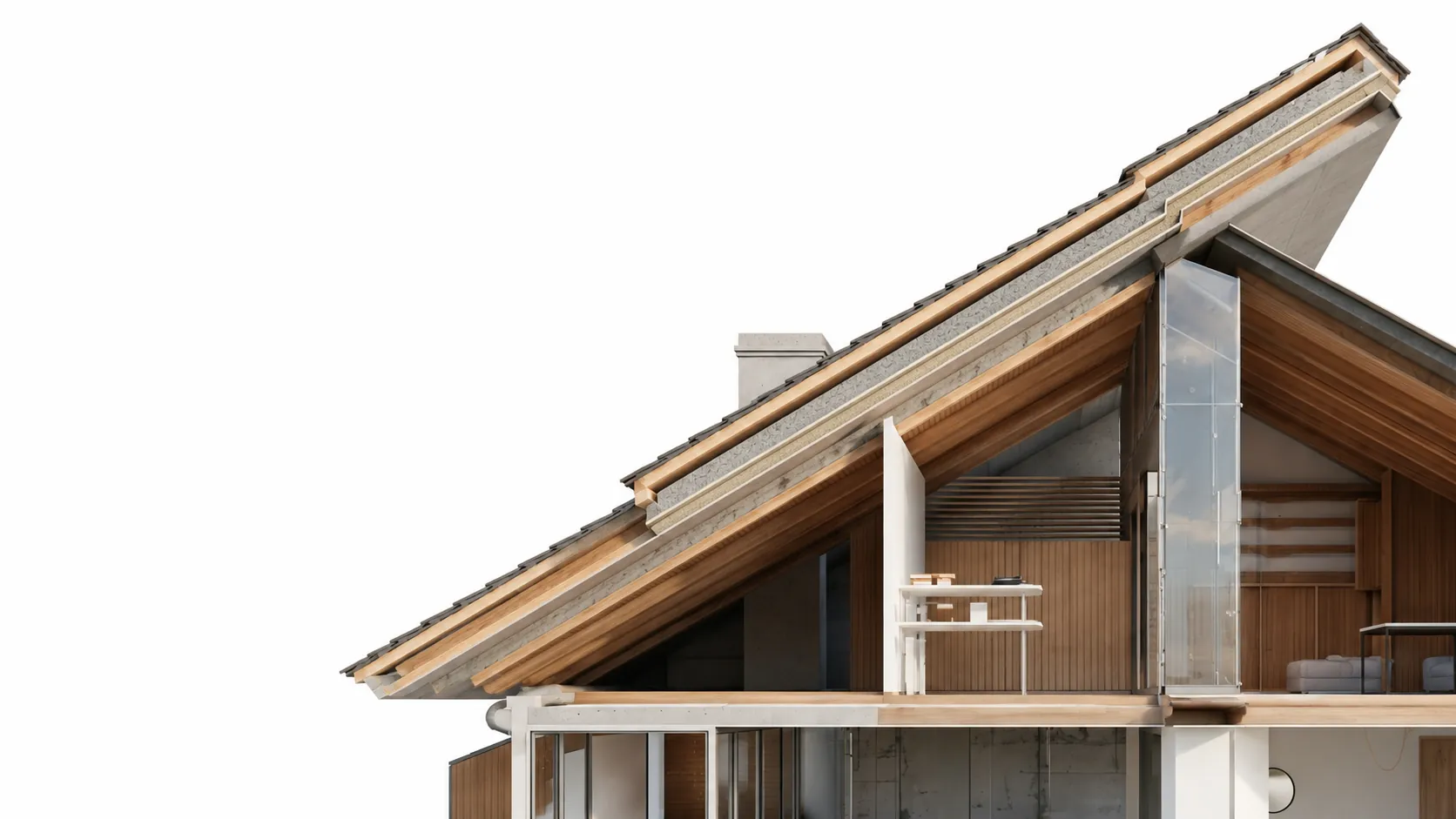 Dachdetail im Schnitt mit sichtbarem Dämmaufbau zwischen Sparren und Dachhaut