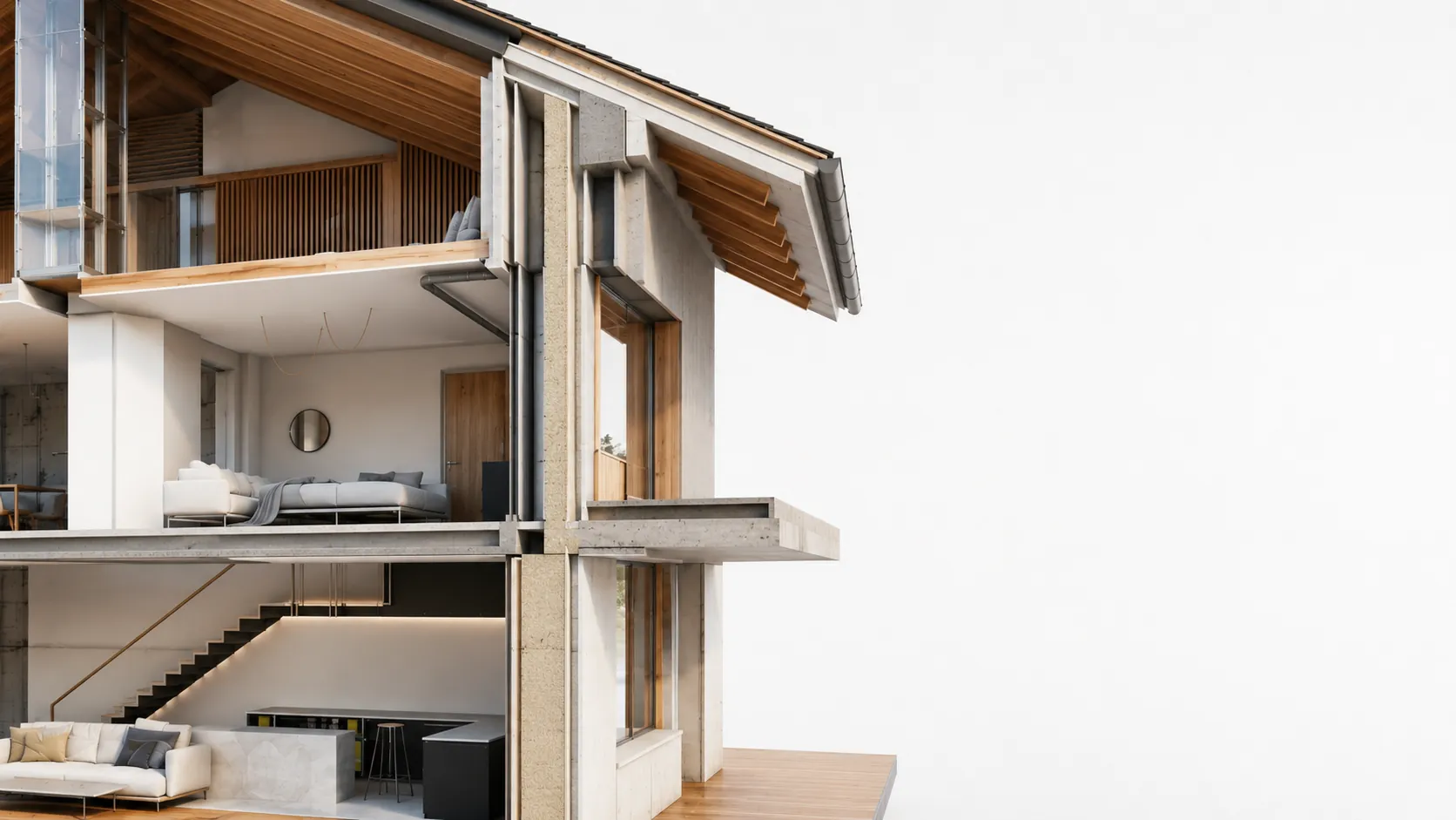 Fassadenschnitt mit sichtbarer Dämmebene, Betonelementen und auskragendem Balkon