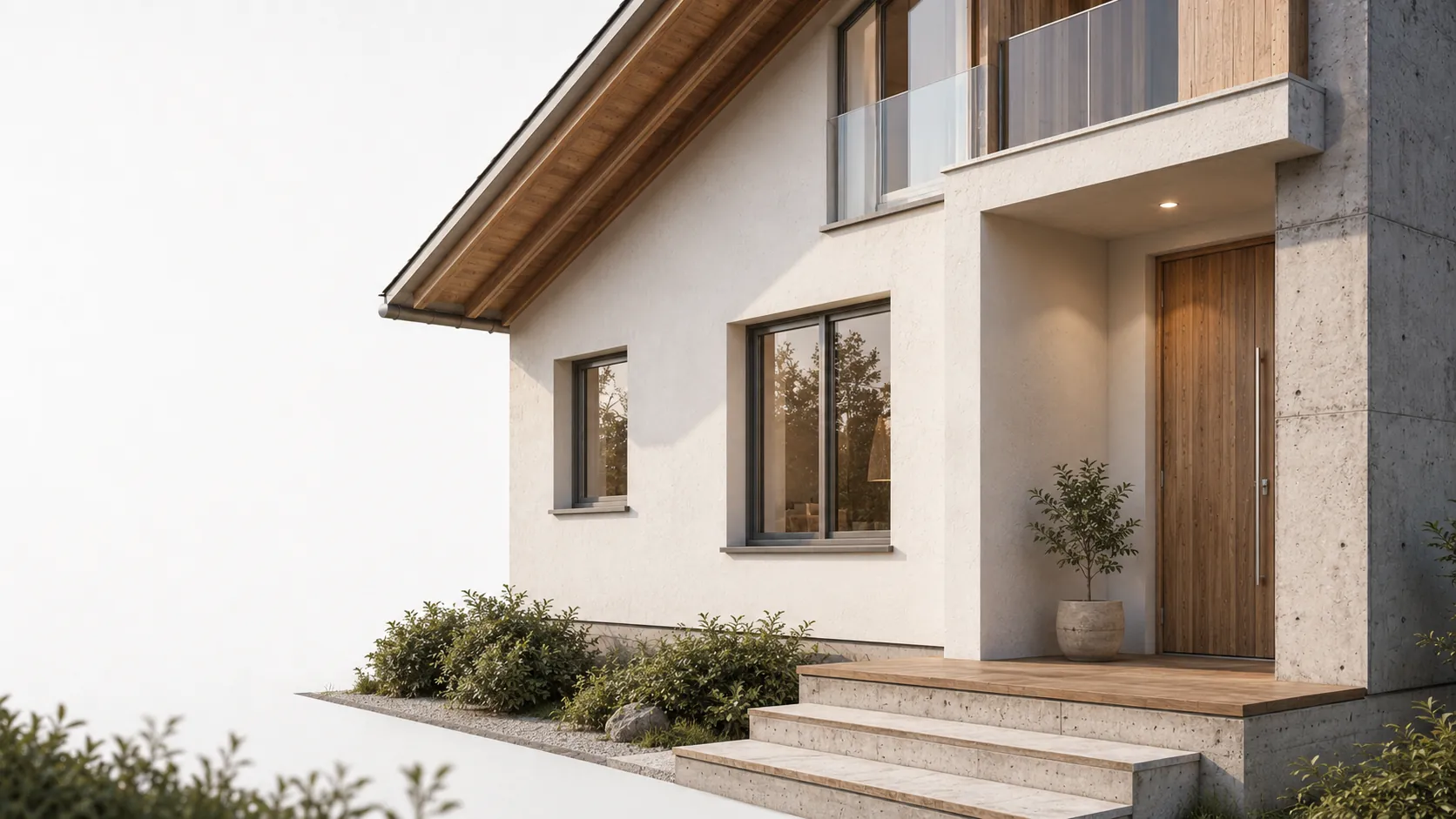 Hauseingang mit Fensterfront, Haustür aus Holz und überdachtem Eingangsbereich
