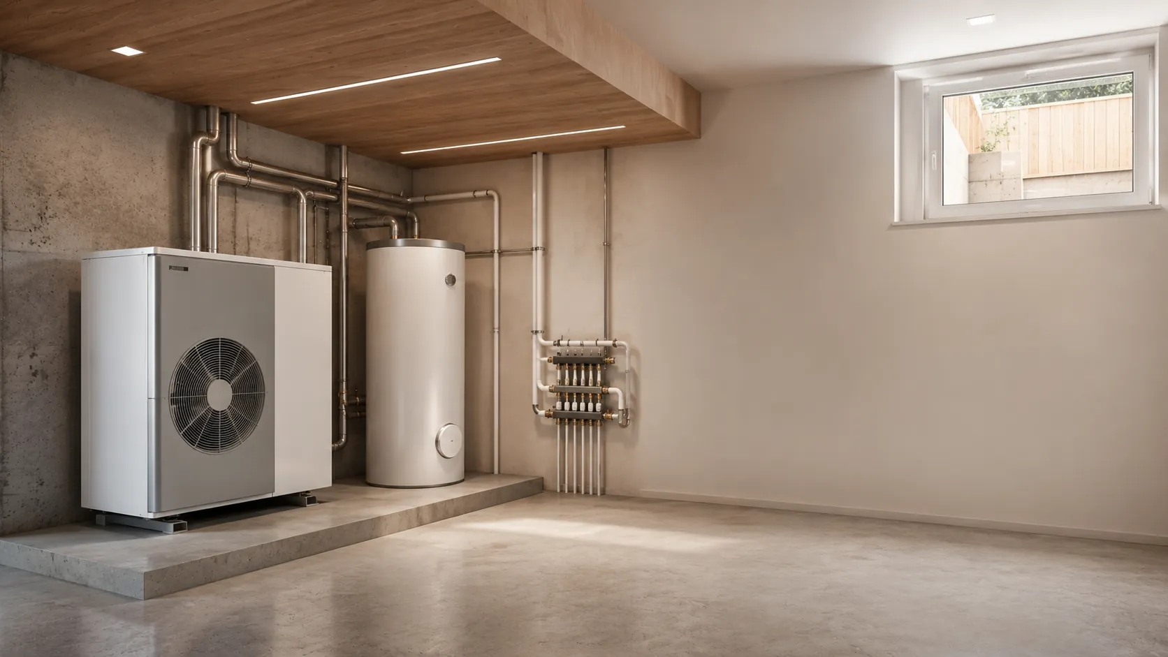 Moderner, aufgeräumter Technikraum mit Wärmepumpen-Inneneinheit, Warmwasserspeicher und Heizkreisverteiler