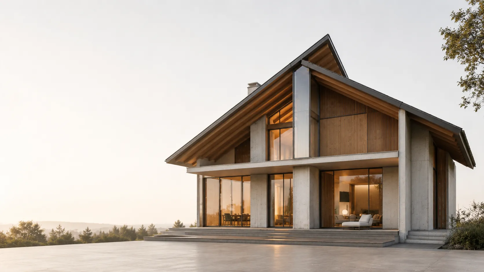 Wohnhaus in warmem Abendlicht mit beleuchteten Innenräumen und freiem Blick in die Landschaft