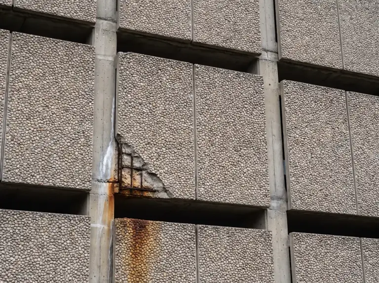 Visualisierung einer vorgehängten Waschbetonfassade mit offenen Fugen und einer Betonabplatzung mit freiliegender Bewehrung