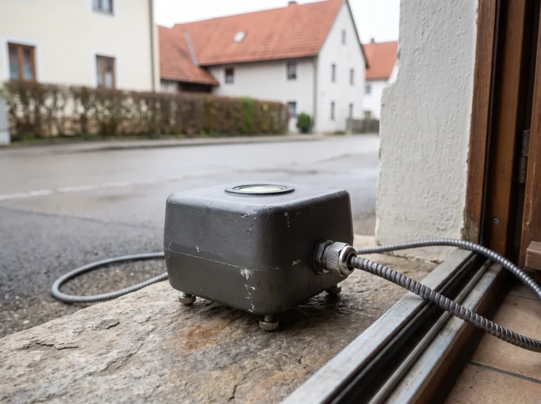 Visualisierung eines dreiaxialen Schwingungsaufnehmers mit Anschlusskabel in einer Haustürlaibung, dahinter eine Wohnstraße