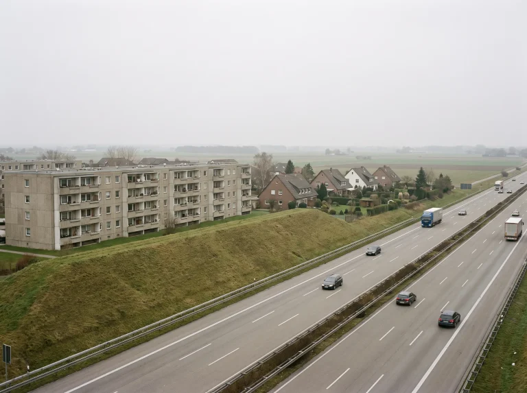 Visualisierung einer Autobahn mit begrüntem Lärmschutzwall, dahinter eine geschlossene Wohnzeile und im Lärmschatten niedrigere Einfamilienhäuser